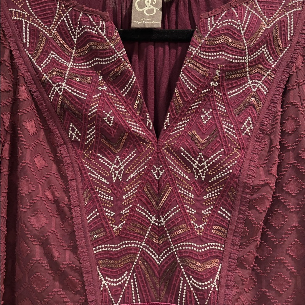 Anthropologie OneSeptember Peasant Blouse burgundy sequin embroidery Boho Tunic - Picture 7 of 7